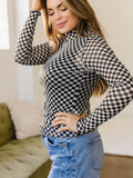 Black Plaid Stand Neck Long Sleeve Mesh Top