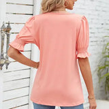 Square Neck Ruffled Short Sleeve Women T SHIRTS