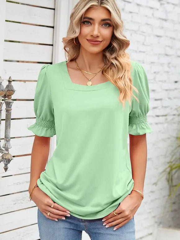 Square Neck Ruffled Short Sleeve Women T SHIRTS