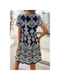 Deep V Neck Allover Print Ruffle Tassel Dress