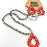 OPEN TEARDROP WITH STONES ON BEADED NECKLACE AND MATCHING EARRINGS