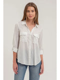 Pinstripe Collared 3/4 Sleeve Button Down Shirt