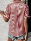 Striped Open Button Short Sleeves Blouse