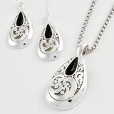 Onyx Stone Filigree Cutout Teardrop Pendant Set