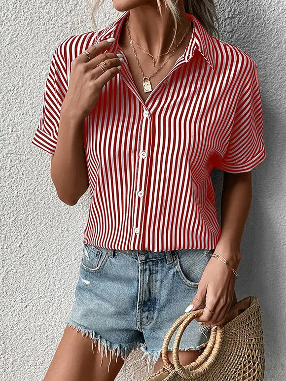Striped Open Button Short Sleeves Blouse