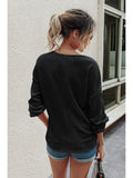 Solid Waffle Knit Button V Neck Lantern Sleeve Shirt