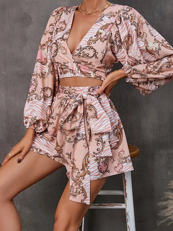 Printed Bubble Sleeves Hollow Out Waist Romper