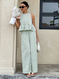 Plaid Patterned Top Straight-Leg Trousers Set