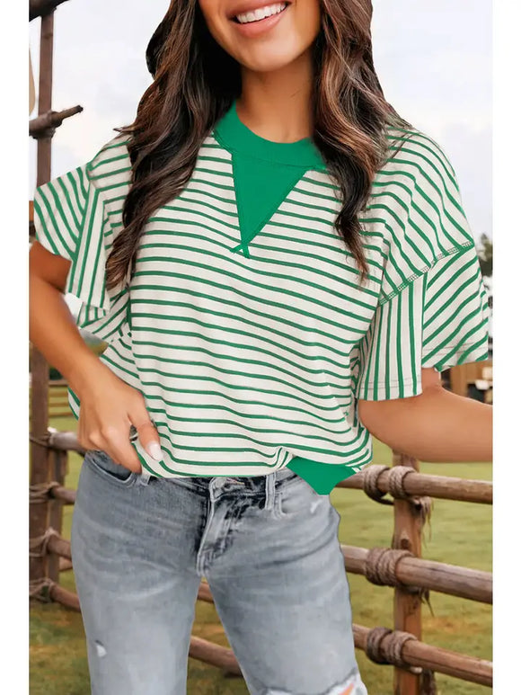 Fashion-W Contrast Detail Striped Ruffle Short Sleeve Top