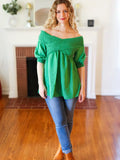 Kelly Green Crisscross Ruche Detail Off Shoulder Blouse