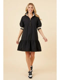 Zip Front Puff Sleeve Ruffle Hem Mini Dress