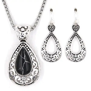 Onyx Stone Filigree Teardrop Metal Necklace Set