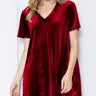 SOLID VELVET SHORT SLEEVE V-NECK TUNIC DRESS