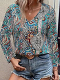 V Neck Long Sleeves Paisley Printed Top