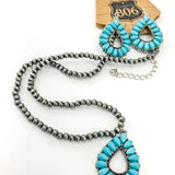 OPEN TEARDROP WITH STONES ON BEADED NECKLACE AND MATCHING EARRINGS