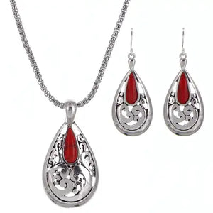 Coral Stone Filigree Cutout Teardrop Pendant Set-RED