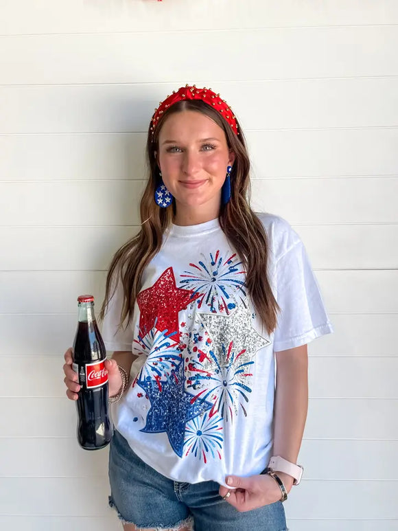 Faux Glitter Patriotic Fireworks Comfort Color Tee