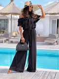 Line-Neck Wide-Leg Romper with Ruffles