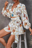 Printed Bubble Sleeves Hollow Out Waist Romper