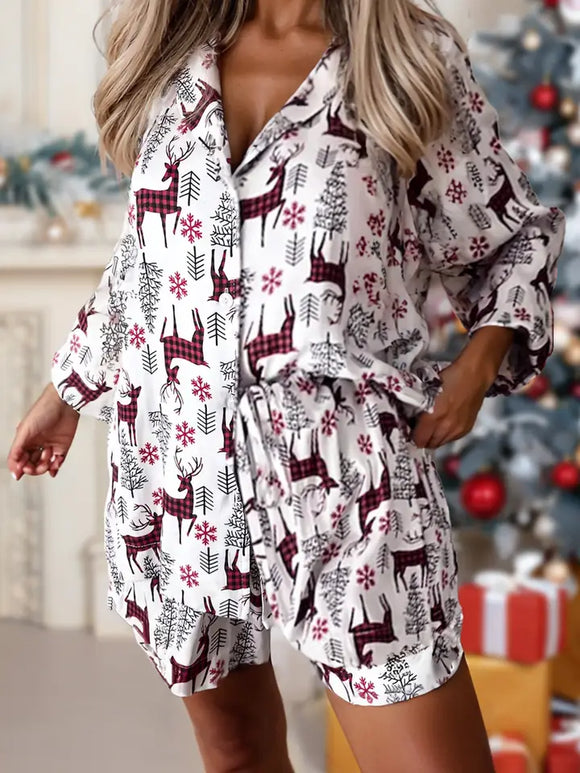 Christmas Deer Print Shirt & Shorts Pajamas Set