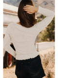 Lace Neckline Button Decor Lettuce Edge Long Sleeve Rib Top