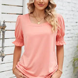 Square Neck Ruffled Short Sleeve Women T SHIRTS