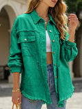 Old Solid Color Denim Coat with Lapel and Ripped Raw Edge