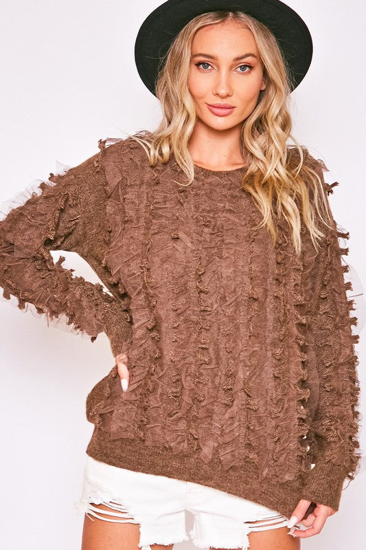 TEXTURED MESH & SELF DETAIL SWEATER TOP