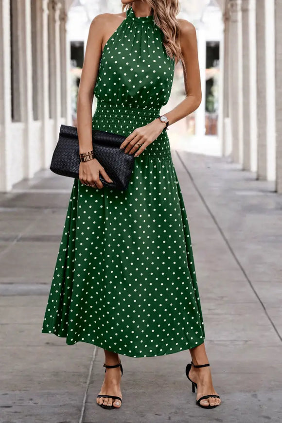 GREEN POLKADOT HALTER NECK SMOCKED WAIST MAXI DRESS