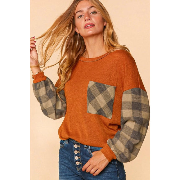 Buffalo Plaid Bubble Long Sleeve Knit Top